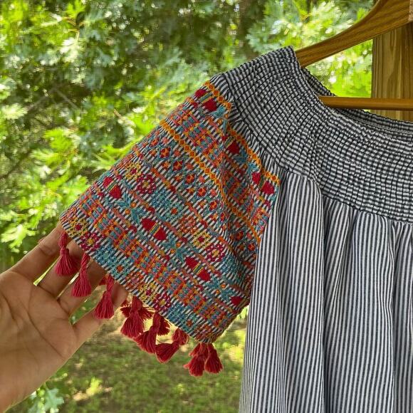 Savanna Jane Women's Blue Striped Embroidered Trim Mini Dress Size S - Picture 3 of 7